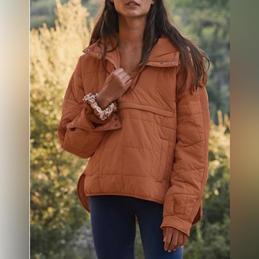 Women's Puffer Pullover Jacket - Rust Brown - Picture 2 of 10